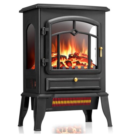 Classic black freestanding electric fireplace with glass door and infrared heater