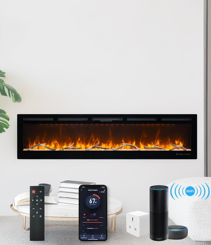 60-inch smart electric fireplace with WiFi app and voice control, embedded installation