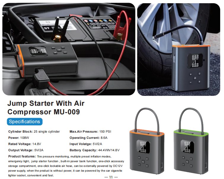 MU-009 jump starter with air compressor, 150 PSI max, 108W power, 44.4Wh battery