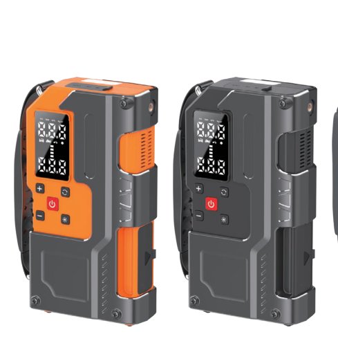 MU-006 jump starter with air compressor shown in two angles, orange and grey finish