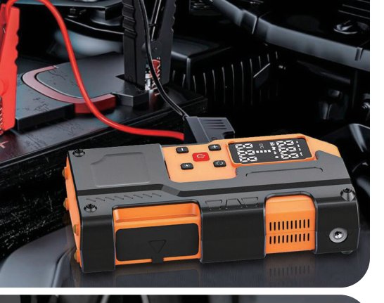 MU-006-C jump starter with air compressor, battery-clamp application