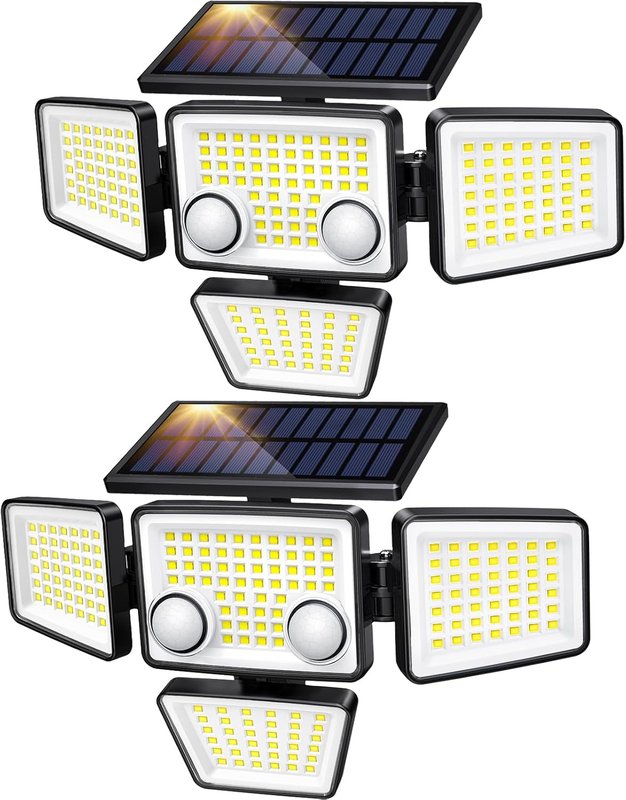 Solar-powered outdoor motion sensor light with adjustable triple heads and integrated solar panel