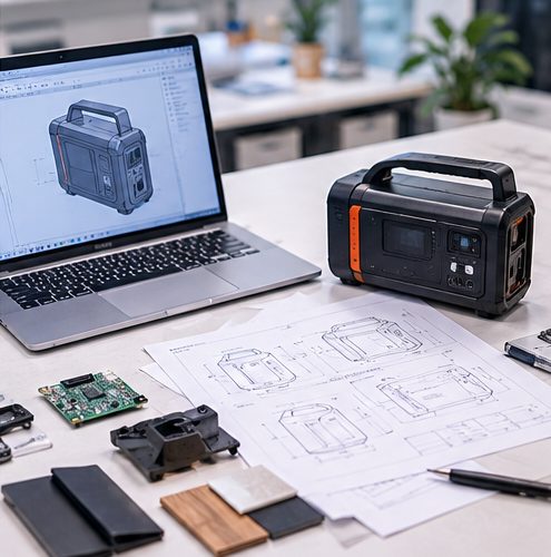Product development workbench with CAD drawing, prototype sample and material swatches